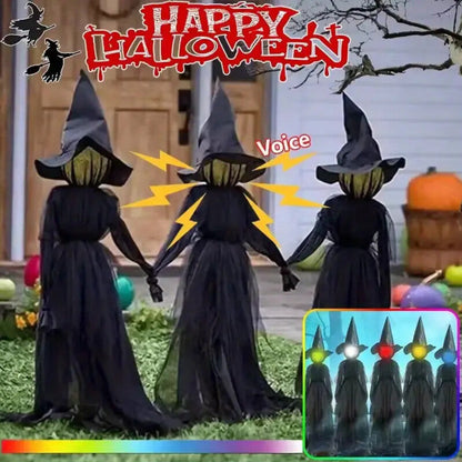 A 3-piece set of 150cm tall light-up Halloween witches glowing with eerie interactive voice-controlled lights in a haunted party venue.