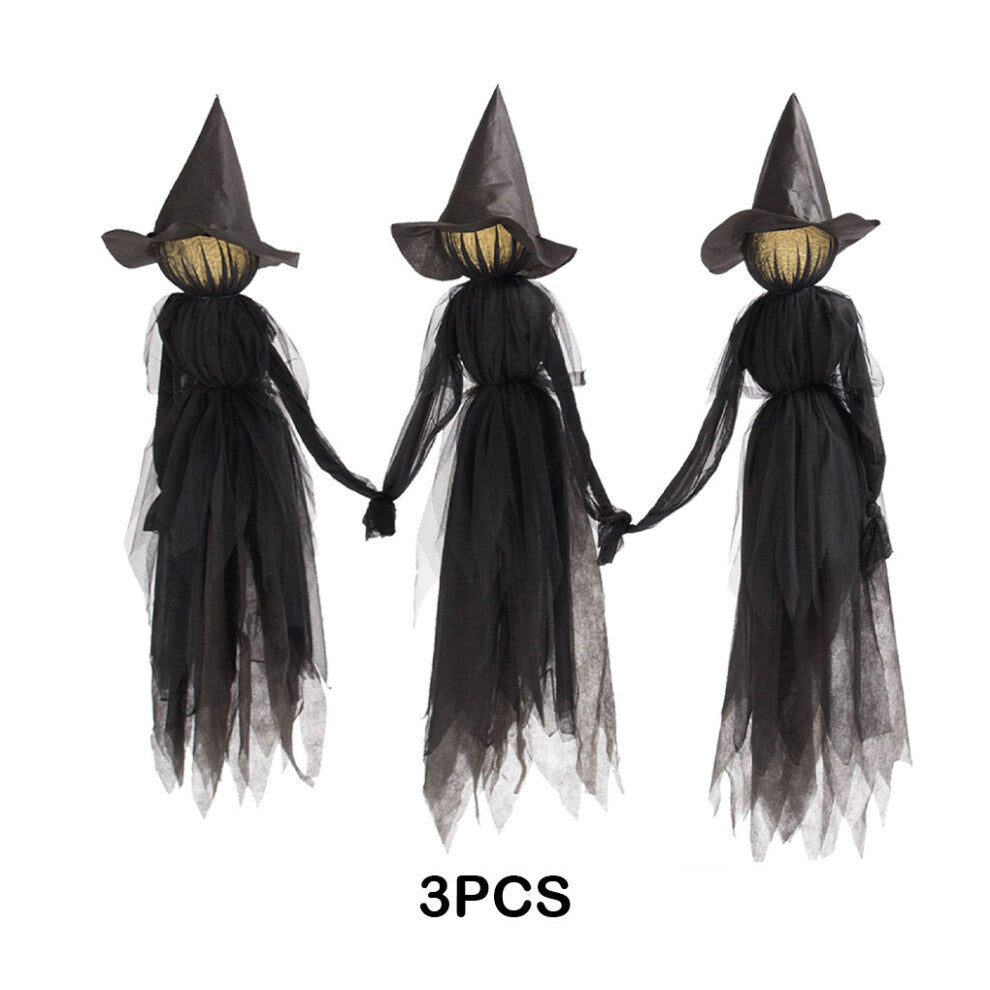 A 3-piece set of 150cm tall light-up Halloween witches glowing with eerie interactive voice-controlled lights in a haunted party venue.