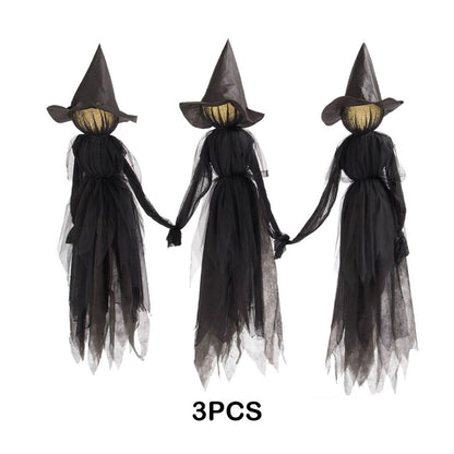A 3-piece set of 150cm tall light-up Halloween witches glowing with eerie interactive voice-controlled lights in a haunted party venue.