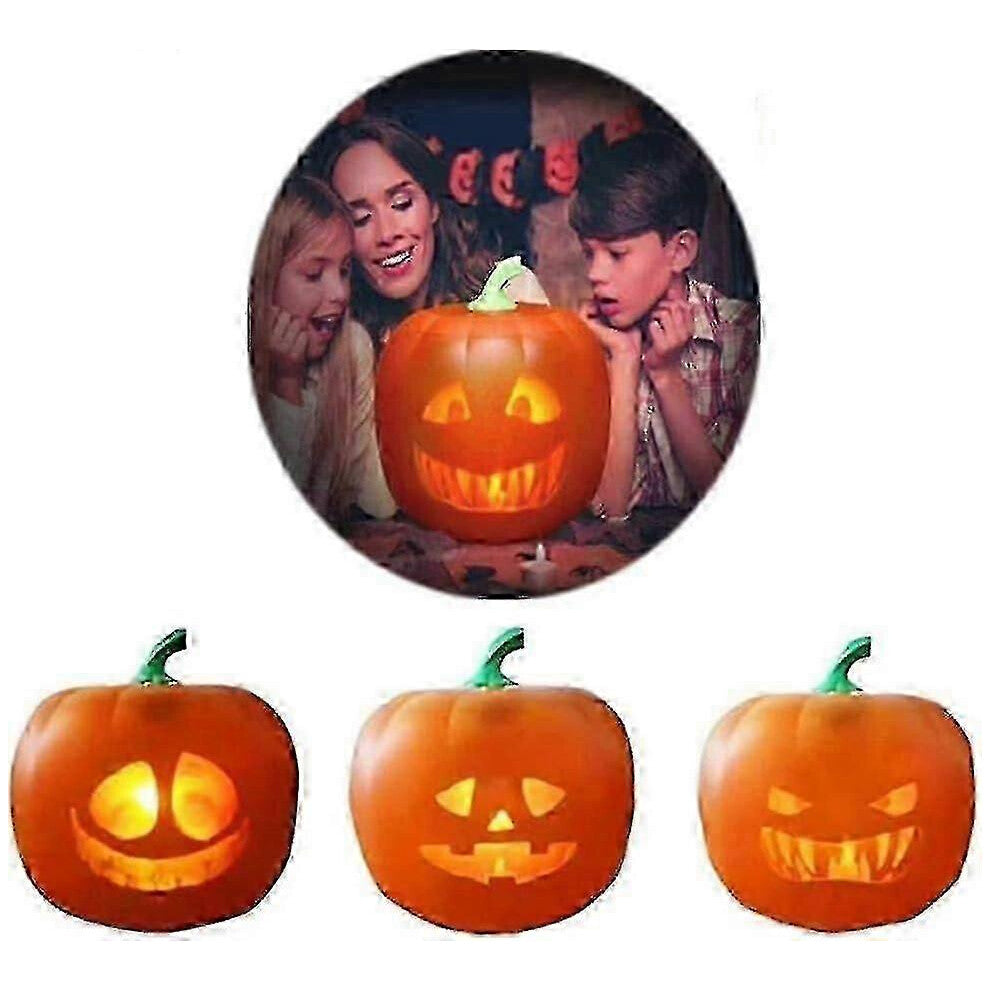 An animated 3-in-1 LED talking pumpkin projection lamp displaying vibrant seasonal graphics on a festive party table.