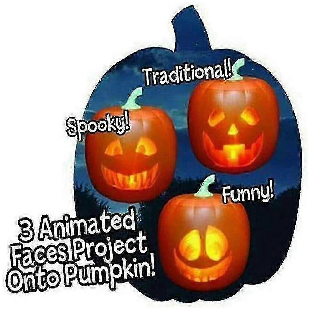 An animated 3-in-1 LED talking pumpkin projection lamp displaying vibrant seasonal graphics on a festive party table.