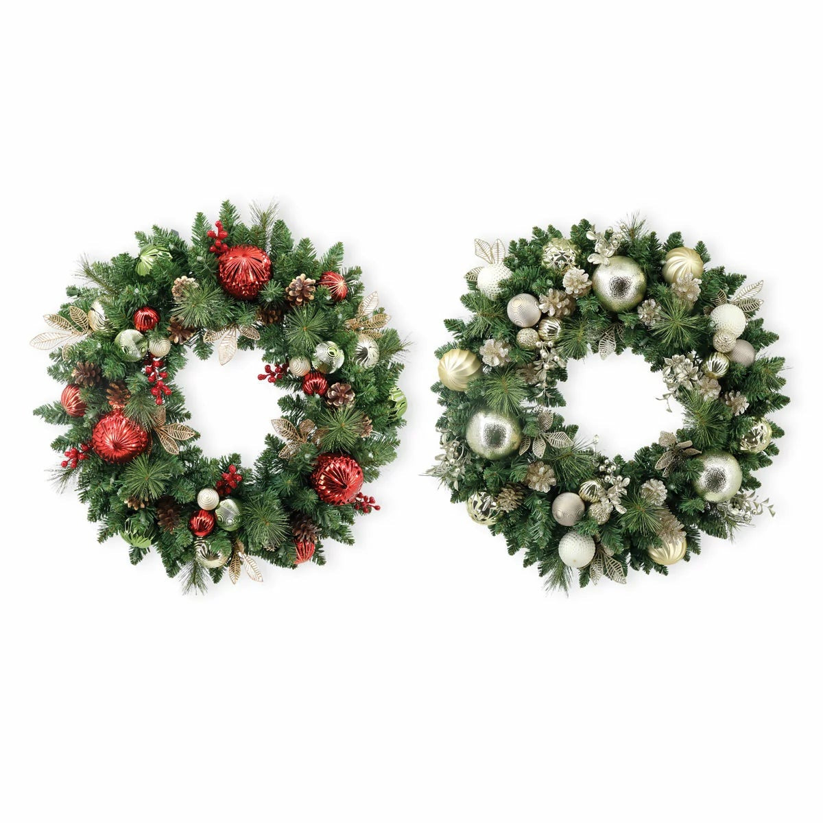Front view of a 30-inch pre-lit holiday wreath with dense green faux pine needles, natural pinecones, red ornaments, and 50 glowing warm white LEDs displayed on a dark wooden front door.