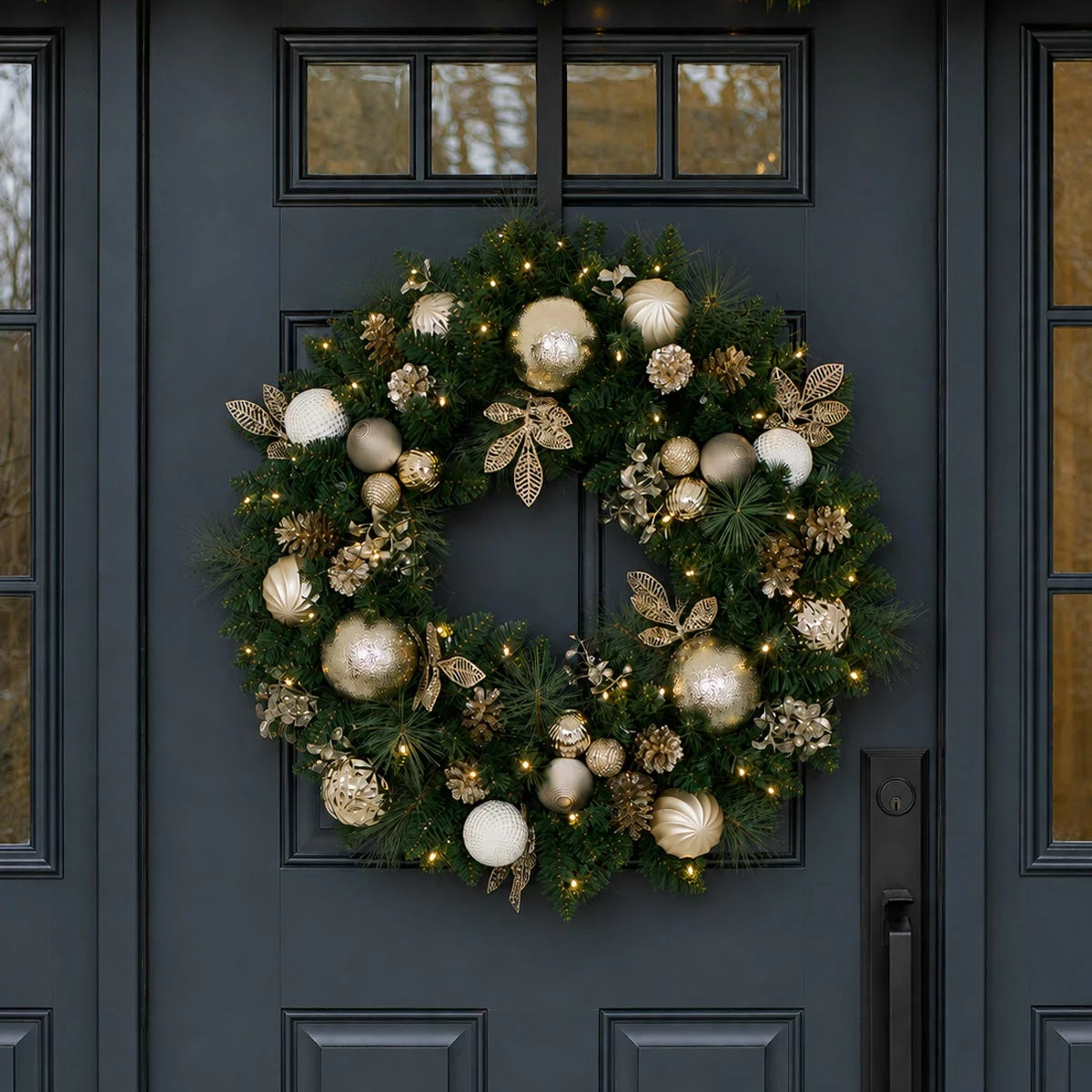 Front view of a 30-inch pre-lit holiday wreath with dense green faux pine needles, natural pinecones, red ornaments, and 50 glowing warm white LEDs displayed on a dark wooden front door.