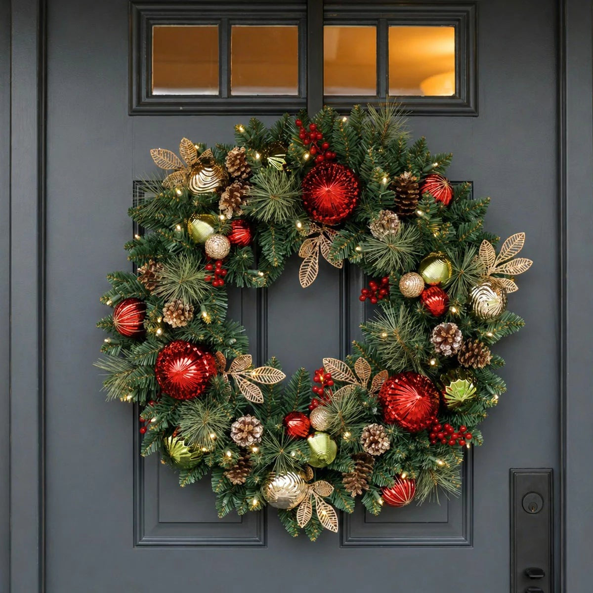 Front view of a 30-inch pre-lit holiday wreath with dense green faux pine needles, natural pinecones, red ornaments, and 50 glowing warm white LEDs displayed on a dark wooden front door.