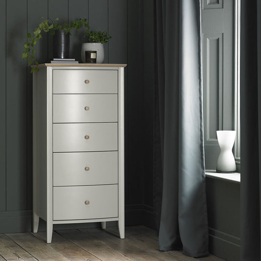 Bentley Designs Whitby Scandi oak and soft grey 5 drawer chest of drawers