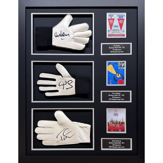 Allstarsignings Schmeichel, Van der Sar & Stepney Signed Framed Manchester United Goalkeeper Gloves Display