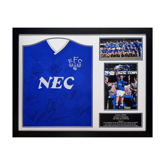 Everton 1987 champions signed and framed football shirt, 65 x 70 cm