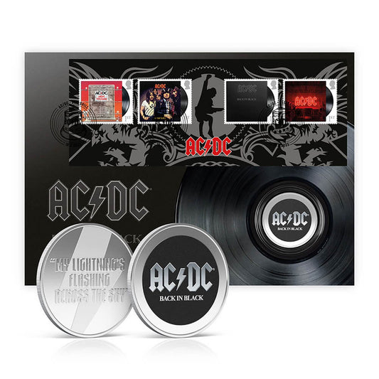Royal Mail AC/DC Back in Black stamps and silver-plated medal cover