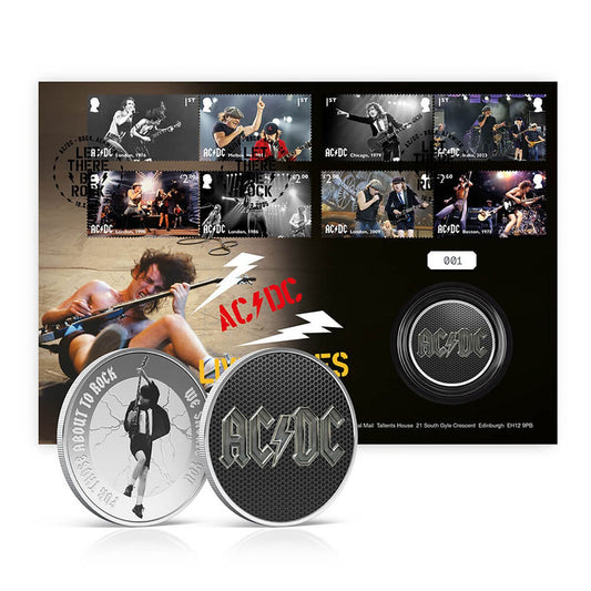 Royal Mail AC/DC Live Wires stamps and silver-plated medal cover