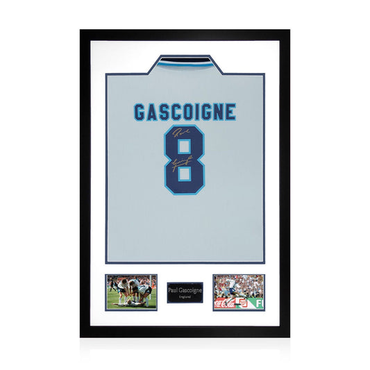 The Fan Cave Paul Gascoigne signed framed England football shirt with 2 photos, 82 x 60 cm