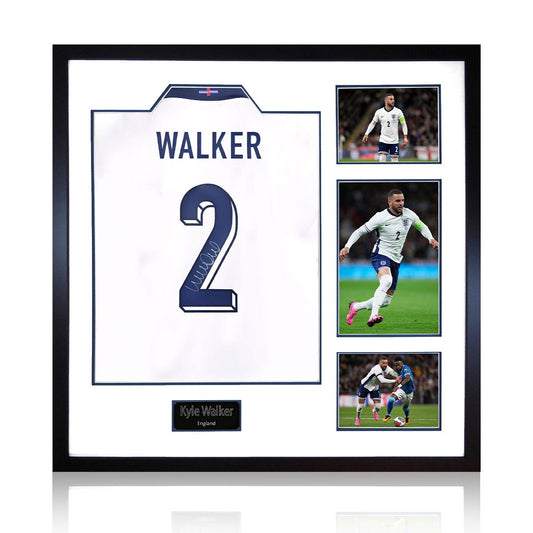 The Fan Cave Kyle Walker signed framed England football shirt with 3 photos, 82 x 82 cm