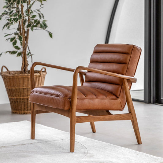 Gallery Datsun brown top grain leather armchair with solid ash frame