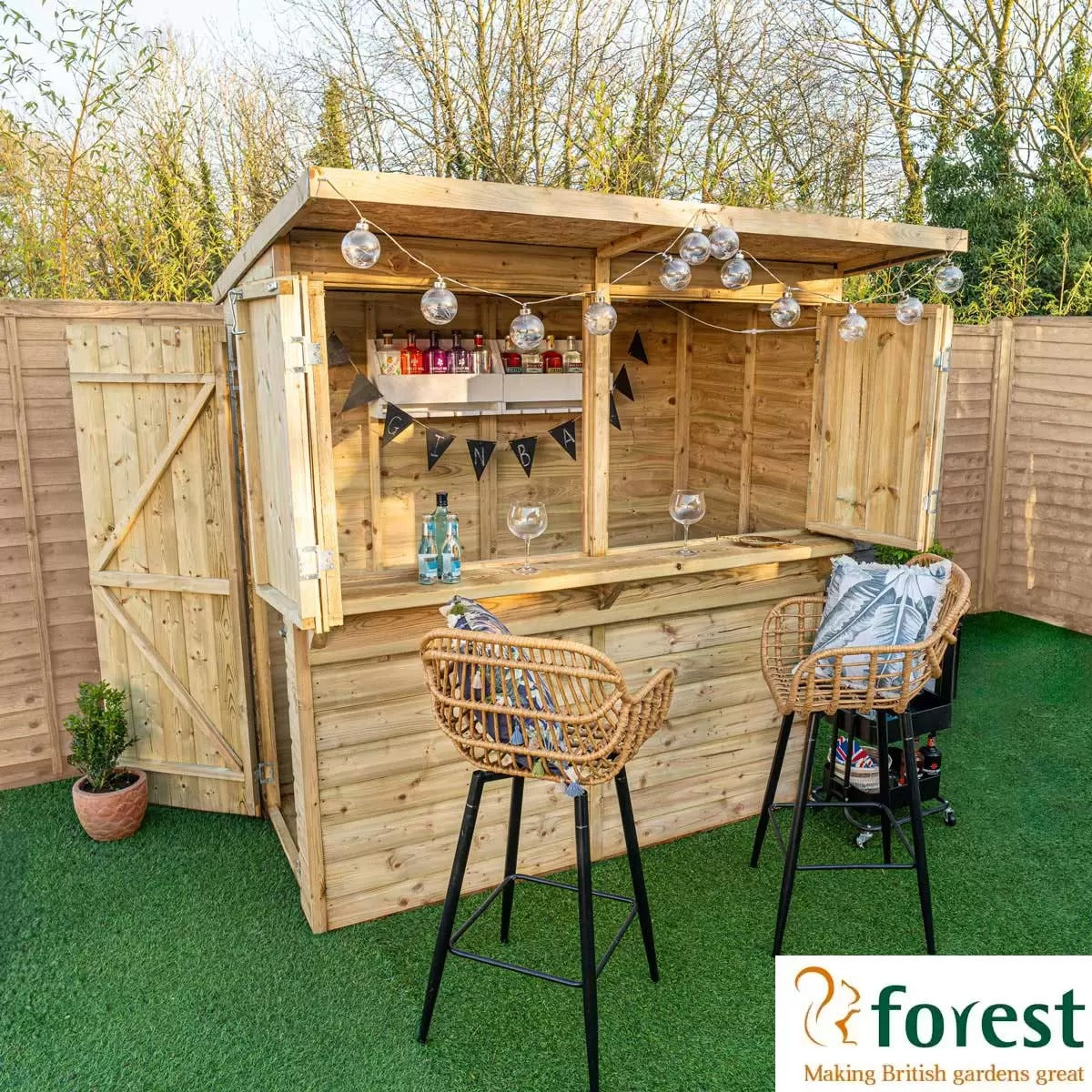 Forest Garden 6ft x 3ft Wooden Garden Bar Entertainment Shed with timber construction and serving hatch for outdoor entertaining
