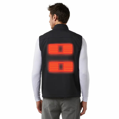 Front view of a sleek black 32 Degrees heated vest laid flat, showing the illuminated waterproof chest controller button next to its compact 10,000mAh power bank battery.