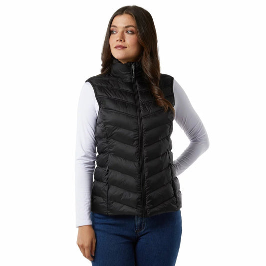 Lightweight 32 Degrees ladies chevron quilted vest with stand collar and zippered pockets displayed on a outdoor mannequin against a autumn park backdrop.