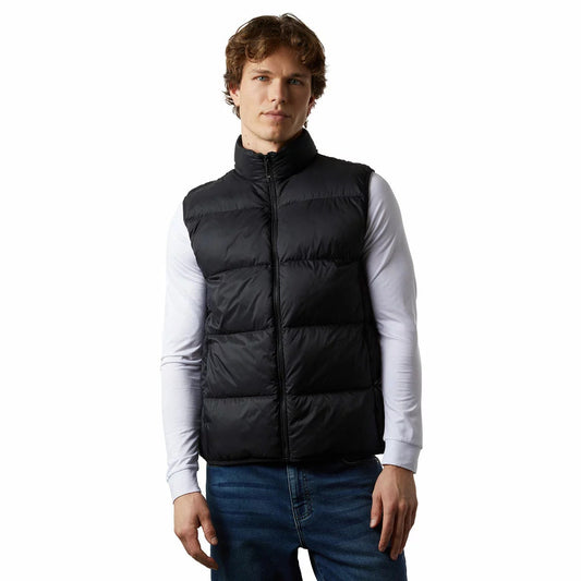 32 Degrees men's black wide channel quilted puffer vest with stand collar displayed flat on a clean neutral backdrop.