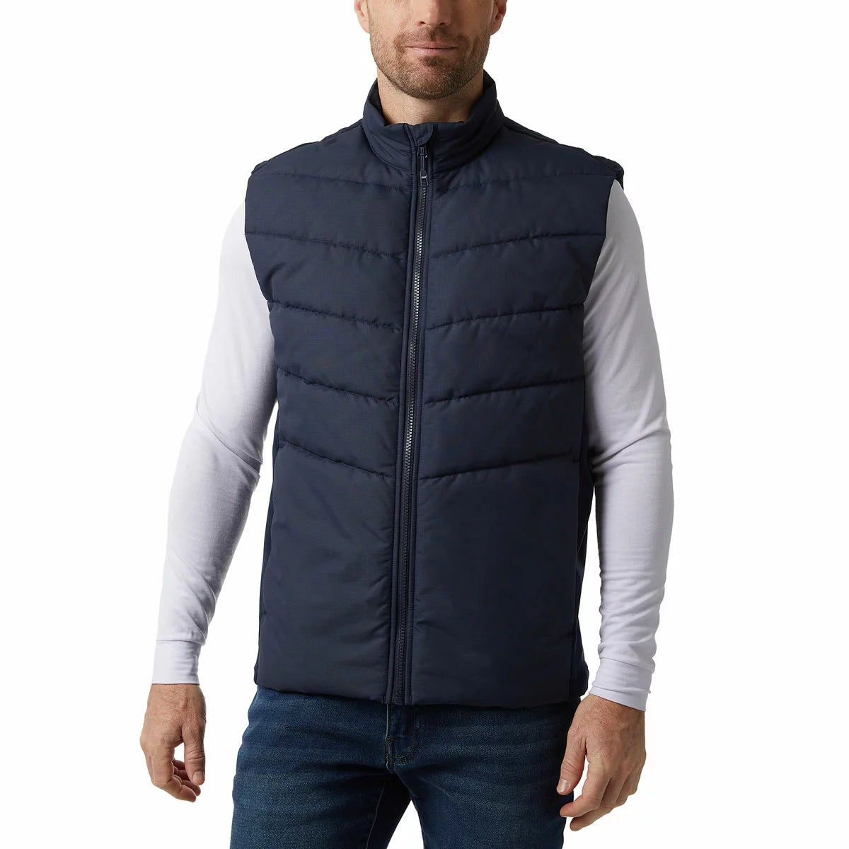 Front view of a man wearing a navy 32 Degrees Mens Mixed Media Gilet with quilted torso and hidden zip pockets.