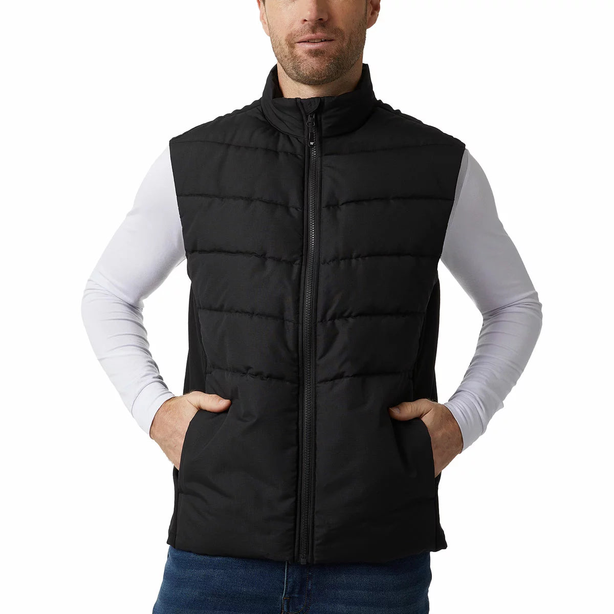 Front view of a man wearing a navy 32 Degrees Mens Mixed Media Gilet with quilted torso and hidden zip pockets.