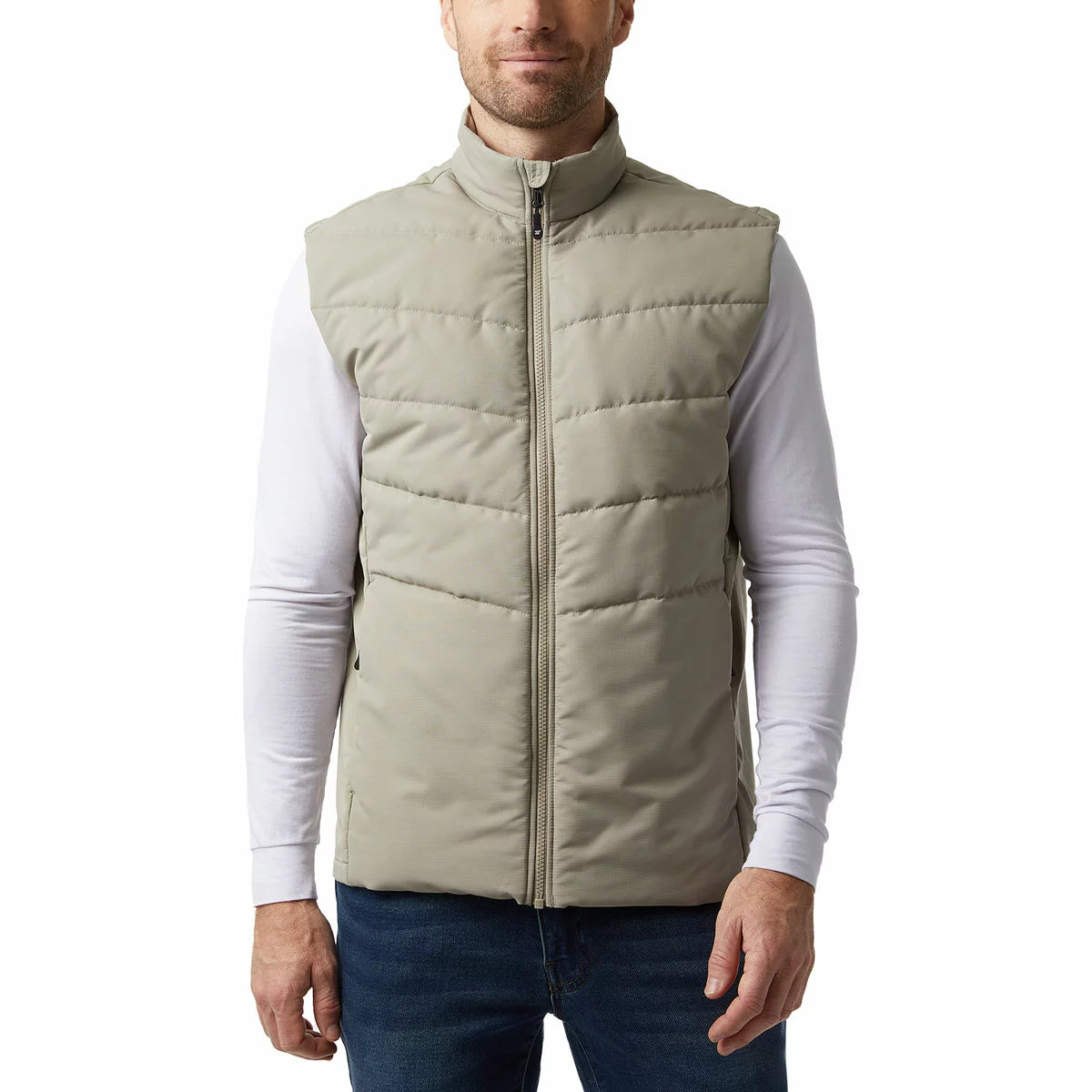 Front view of a man wearing a navy 32 Degrees Mens Mixed Media Gilet with quilted torso and hidden zip pockets.
