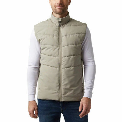 Front view of a man wearing a navy 32 Degrees Mens Mixed Media Gilet with quilted torso and hidden zip pockets.