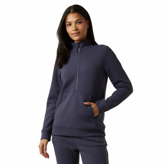 32 Degrees ladies sueded tech 1/2 zip sweatshirt in cream displaying soft peached fabric texture and mock neck design on a neutral backdrop.