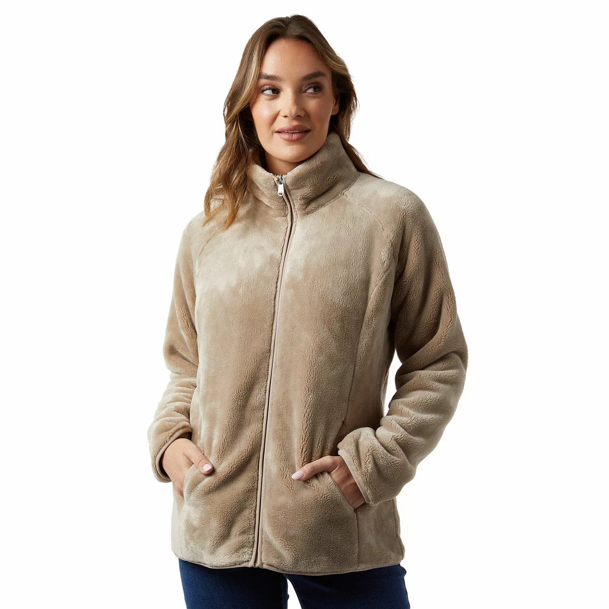 Front view of a woman wearing the plush 32 Degrees cream heavyweight fleece jacket with stand collar and zipped front outdoors.
