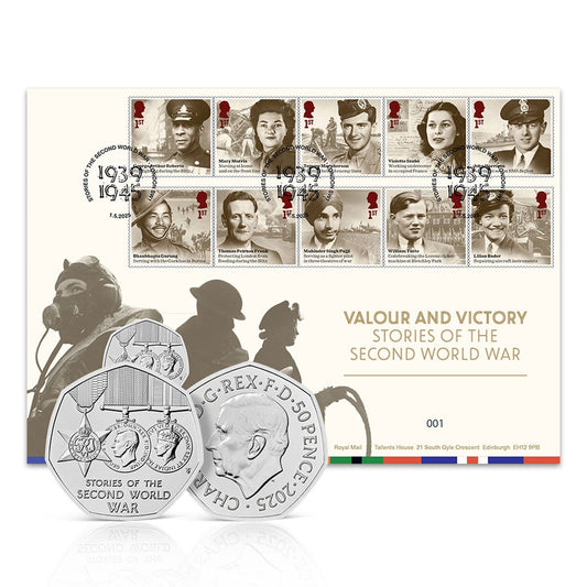 Royal Mail Stories of WWII 50p BU coin and Valour and Victory stamps cover