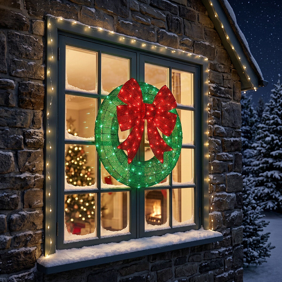 36 inch light-up Christmas wreath with bow, view 2