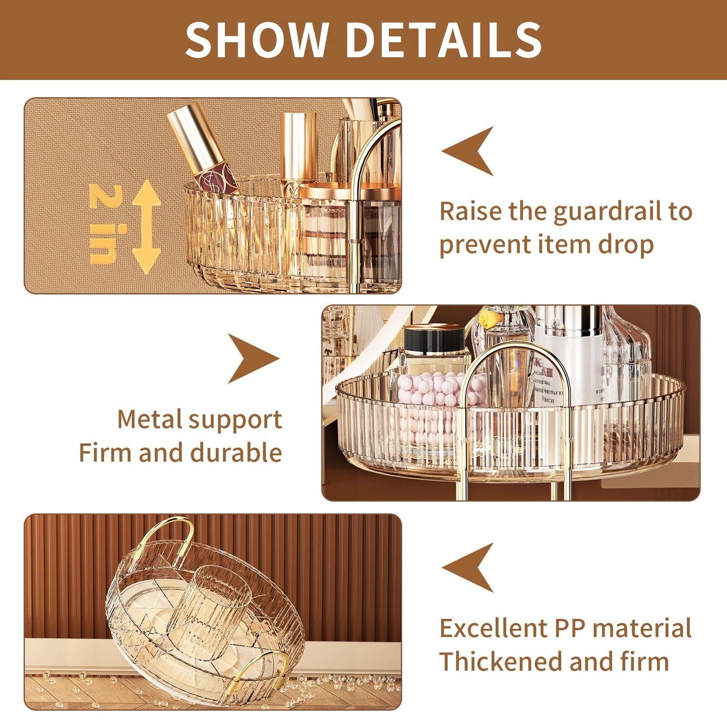 Top-down view of a champagne gold 360 rotating makeup organiser on a white marble vanity filled with glass perfume bottles and luxury lipsticks.