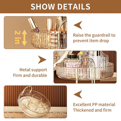 Top-down view of a champagne gold 360 rotating makeup organiser on a white marble vanity filled with glass perfume bottles and luxury lipsticks.