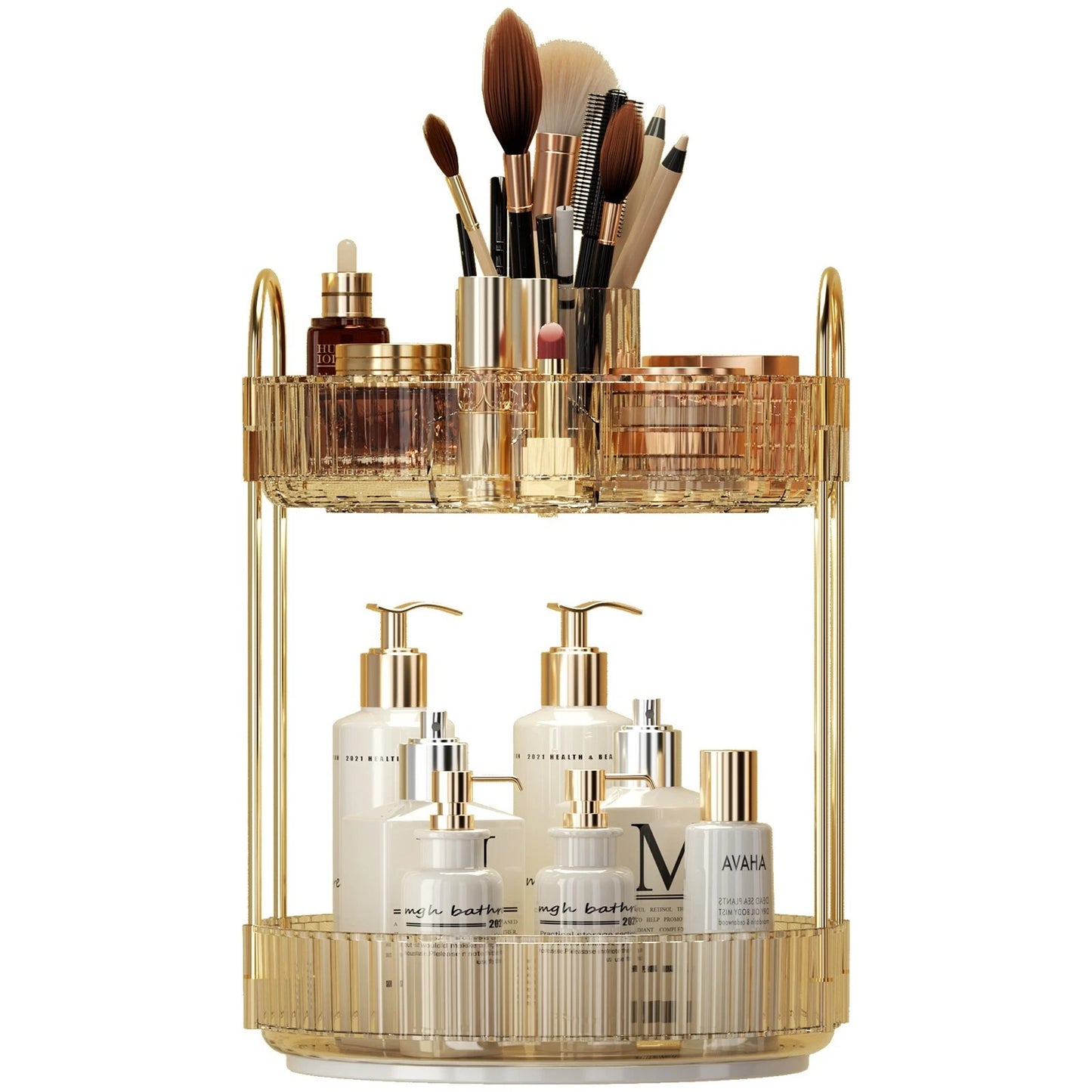 Top-down view of a champagne gold 360 rotating makeup organiser on a white marble vanity filled with glass perfume bottles and luxury lipsticks.