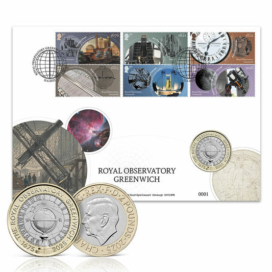 Royal Mail Royal Observatory Greenwich £2 BU coin and stamps cover, limited edition