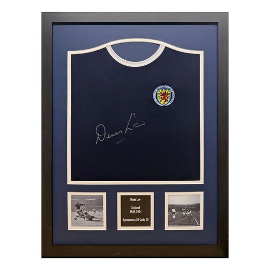 Allstarsignings Denis Law signed framed Scotland retro 1960s style shirt, 87 x 67 cm