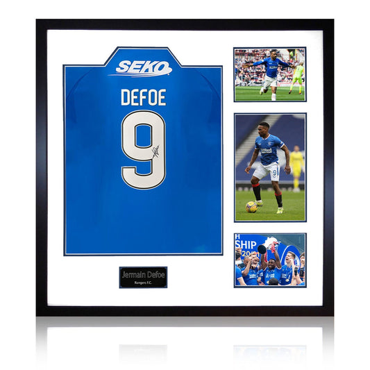 The Fan Cave Jermain Defoe signed framed Rangers football shirt with 3 photos, 82 x 82 cm