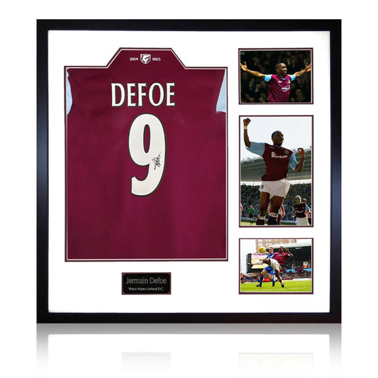 The Fan Cave Jermain Defoe signed framed West Ham United football shirt with 3 photos, 82 x 82 cm