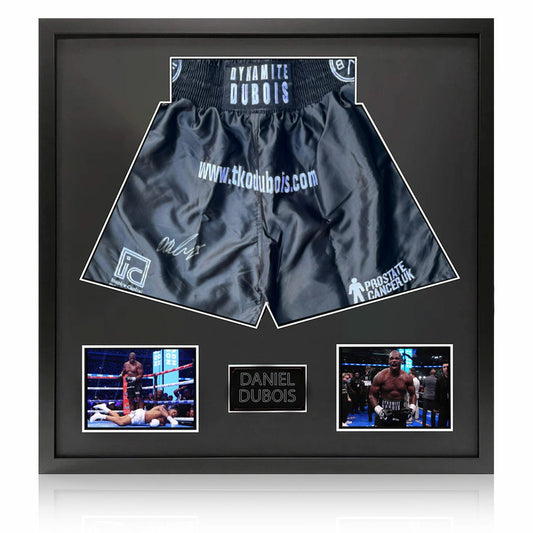 The Fan Cave Daniel Dubois signed framed pair of boxing shorts with 2 photos, 82 x 82 cm