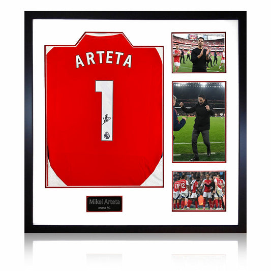 The Fan Cave Mikel Arteta signed framed Arsenal football shirt with 3 photos, 82 x 82 cm