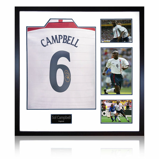 The Fan Cave Sol Campbell signed framed England football shirt with 3 photos, 82 x 82 cm
