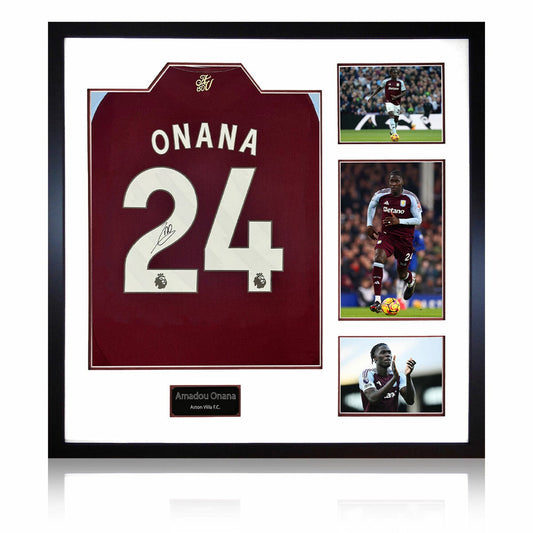 The Fan Cave Amadou Onana signed framed Aston Villa football shirt with 3 photos, 82 x 82 cm