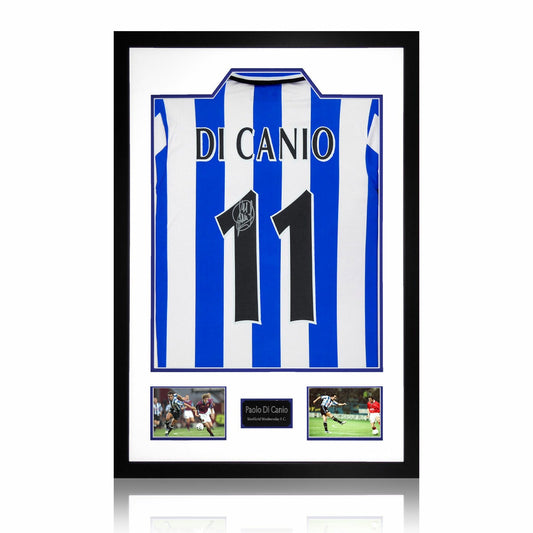 The Fan Cave Paolo Di Canio signed framed Sheffield Wednesday 1998 home shirt with 2 photos, 85 x 60 cm