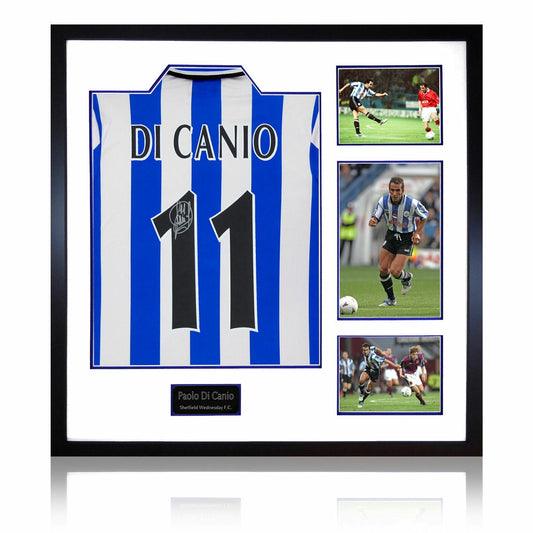 The Fan Cave Paolo Di Canio signed framed Sheffield Wednesday 1998 home shirt with 3 photos, 82 x 82 cm