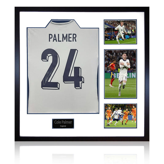 The Fan Cave Cole Palmer signed framed England football shirt with 3 photos, 82 x 82 cm