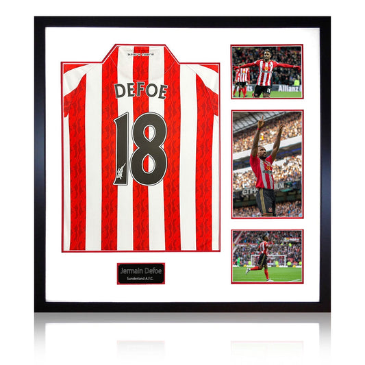 The Fan Cave Jermain Defoe signed framed Sunderland football shirt with 3 photos, 82 x 82 cm