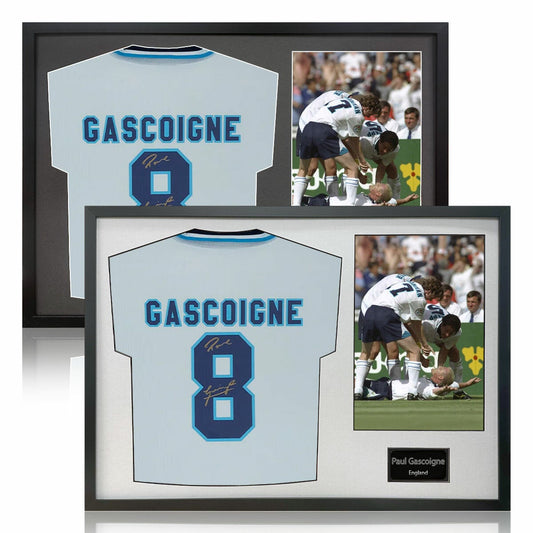 The Fan Cave Paul Gascoigne signed framed England football shirt with 1 photo, 50 x 70 cm