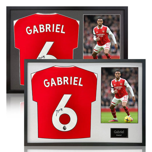 The Fan Cave Gabriel signed framed Arsenal football shirt with 1 photo, 50 x 70 cm