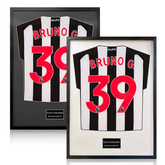 The Fan Cave Bruno Guimaraes signed framed Newcastle United football shirt, 50 x 70 cm