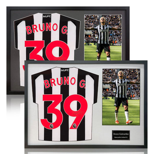 The Fan Cave Bruno Guimaraes signed framed Newcastle United football shirt with 1 photo, 50 x 70 cm