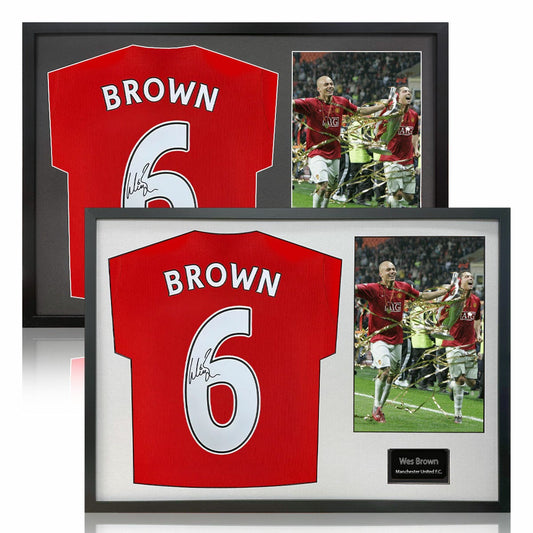 The Fan Cave Wes Brown signed framed Manchester United football shirt with 1 photo, 50 x 70 cm