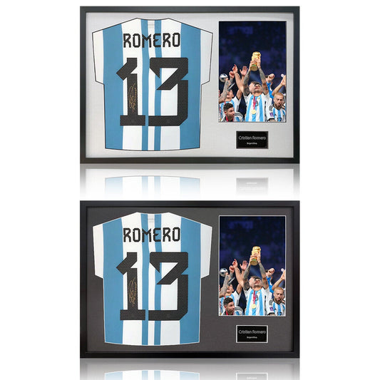 The Fan Cave Christian Romero signed framed Argentina football shirt with photo 50 x 70 cm