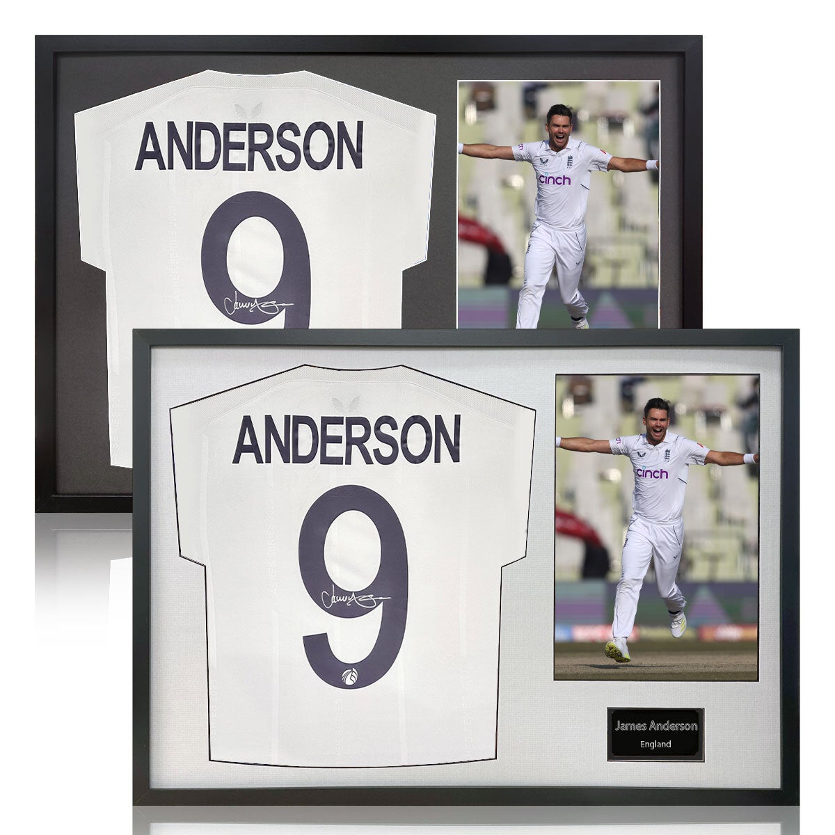The Fan Cave James Anderson signed framed England cricket shirt with 1 photo, 50 x 70 cm